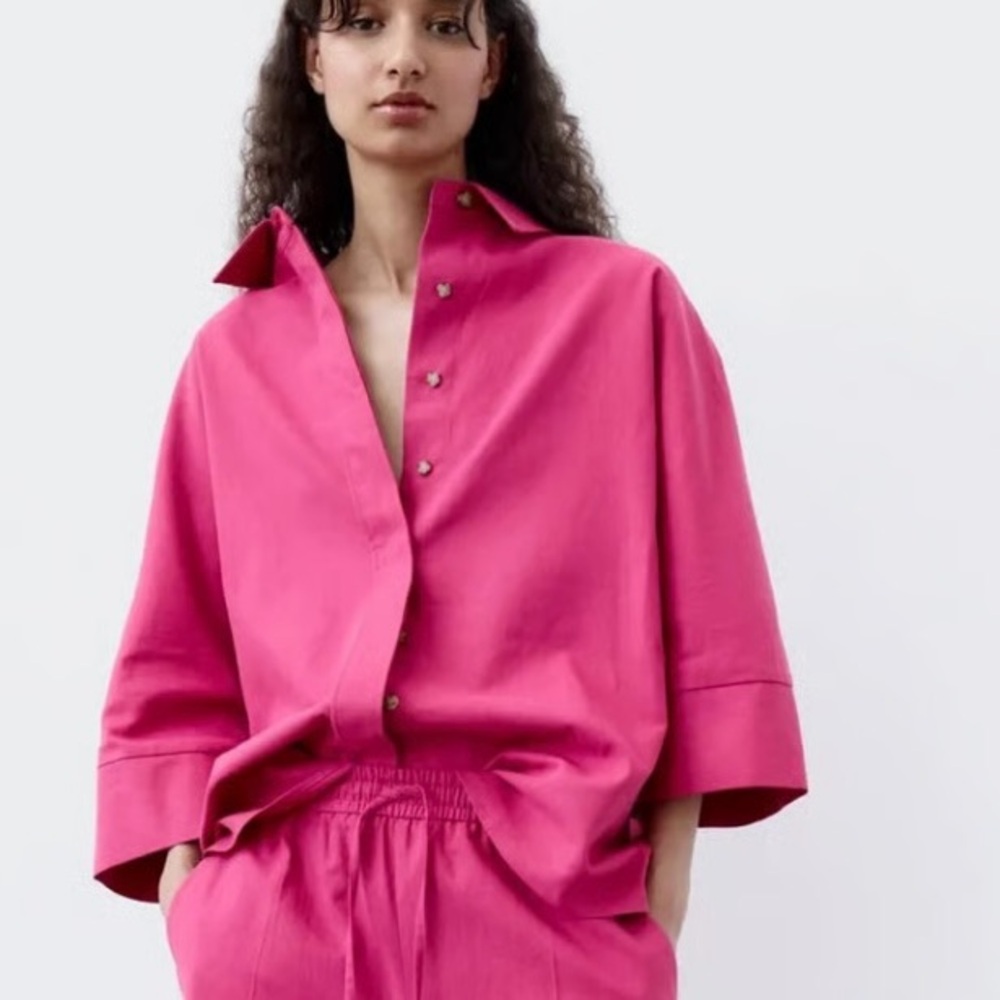 Zara hot pink linen oversized wide sleeve button up blouse